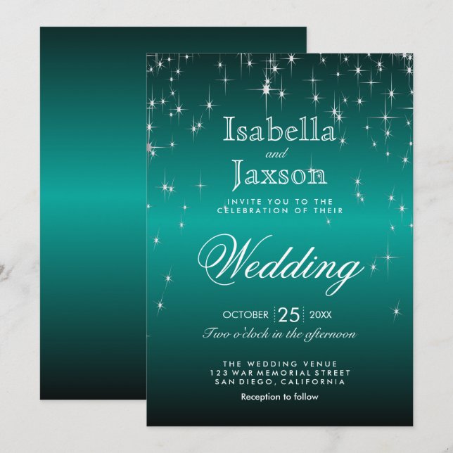 Elegant Teal Star Ljus bröllopsinbjudan Inbjudningar (Fram/baksida)