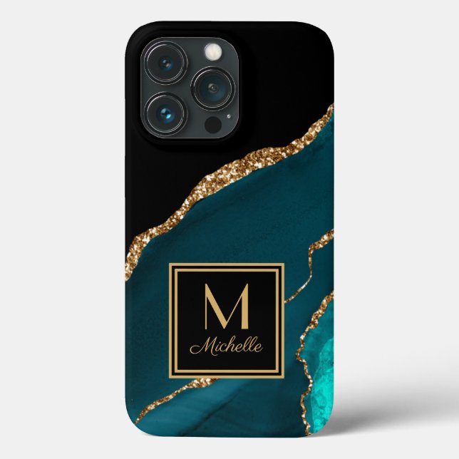 Elegant Teal Svart Guld Monogram Initial Namn  (Baksida)