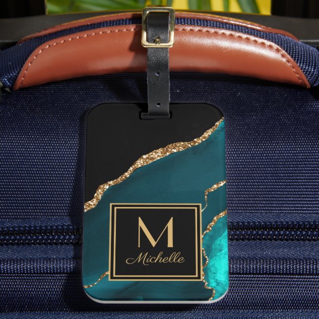 Elegant Teal Svart Guld Monogram Initial Namn   Bagagebricka (Framsida Insitu 2)