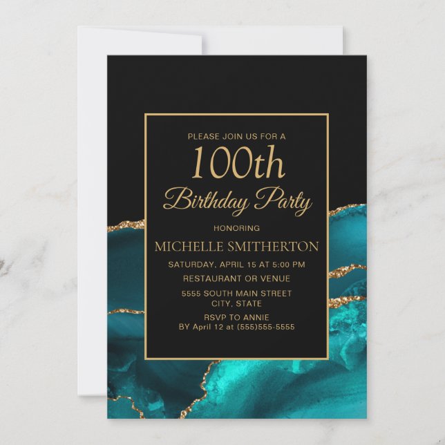 Elegant Teal Svart Marmor Guld 100-årsdag  Inbjudningar (Framsida)