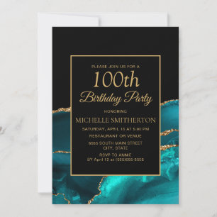 Elegant Teal Svart Marmor Guld 100-årsdag Inbjudningar