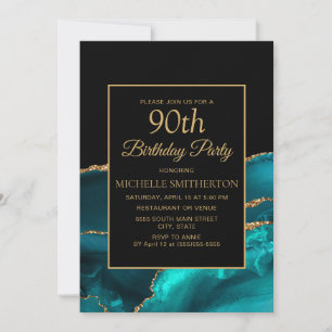Elegant Teal Svart Marmor Guld 90-årsdag Inbjudningar