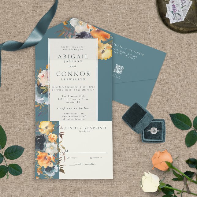 Elegant Teal Terracotta Navy Boho Blommigt allt på (Skapare uppladdad)