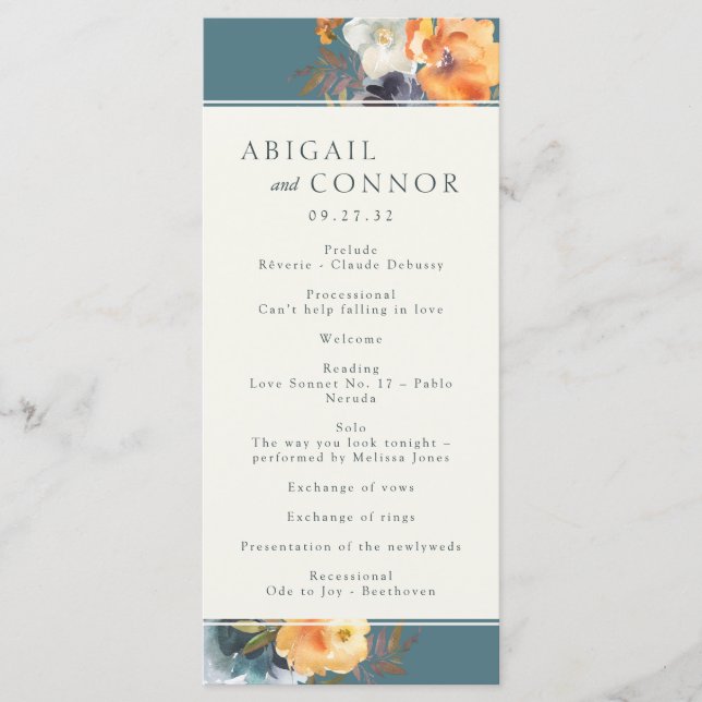 Elegant Teal Terrakotta Navy Boho Blommig Program (Framsida)