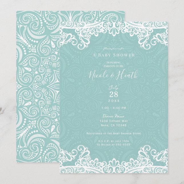 Elegant Teal Turcos White Snöre Baby Shower Inbjudningar (Fram/baksida)