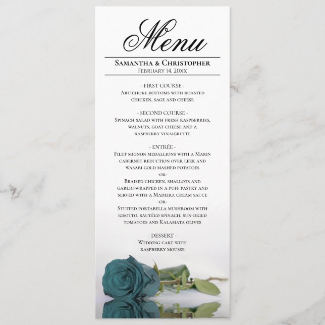Elegant Teal Turkos Ros Vit Bakre Bröllop Meny (Framsida)