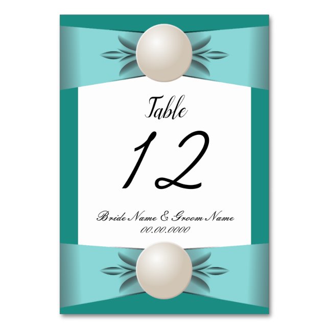 Elegant Teal & Turquise Pearl Ribbon Bröllop Bordsnummer (Framsidan)