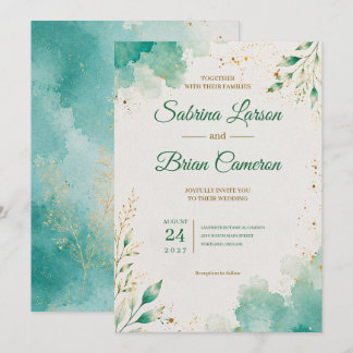 Elegant Teal Vattenfärg Botanisk Guld Bröllop Inbjudningar
