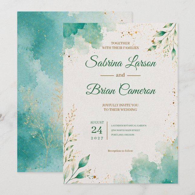 Elegant Teal Vattenfärg Botanisk Guld Bröllop Inbjudningar (Fram/baksida)