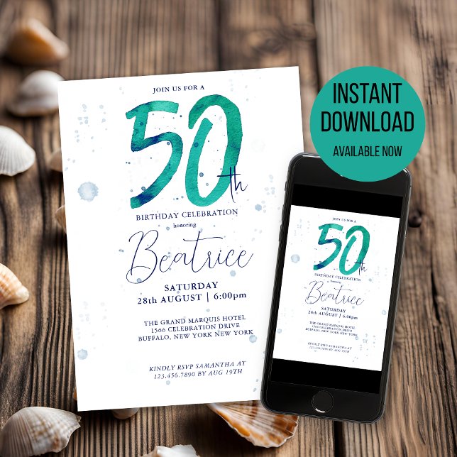 Elegant Teal Watercolor 50:e Födelsedagsfesten Inbjudningar (Watercolor 50 and Fabulous party invitation)
