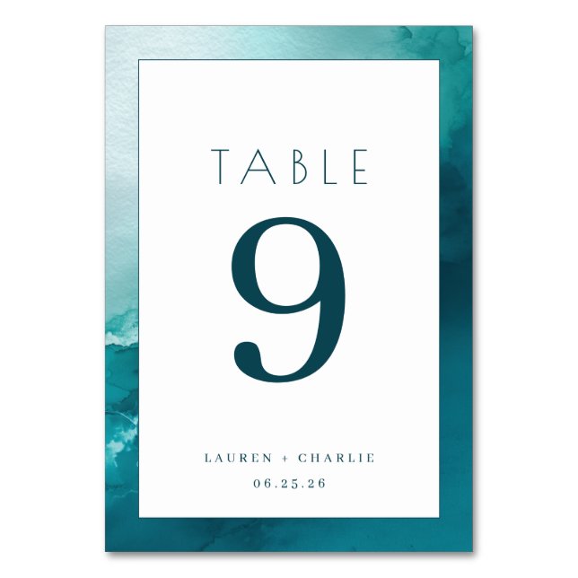 Elegant Teal Watercolor Number Bordsnummer (Framsidan)
