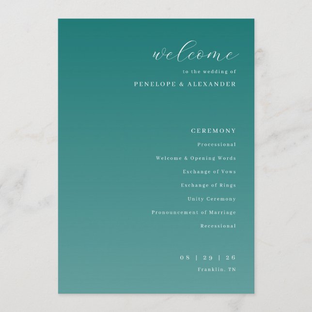 Elegant Teal Wedding Ceremony Program (Framsida)