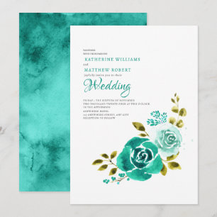 Elegant Teal White Blommigt Bröllop Inbjudningar