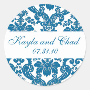 Elegant Teal White Blommigt Damask Wedding Runt Klistermärke