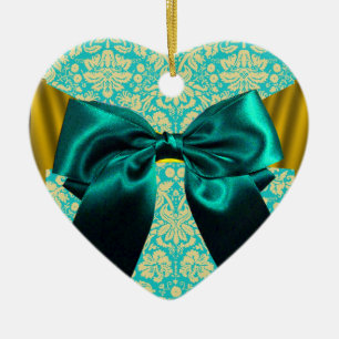 ELEGANT TEAL WHITE DAMASK BLUE RIBBON MONOGRAM JULGRANSPRYDNAD KERAMIK