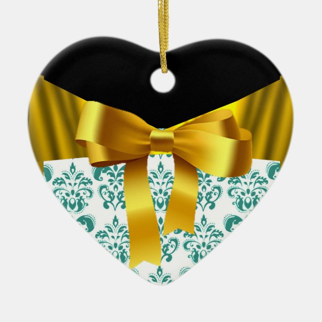 ELEGANT TEAL WHITE DAMASK GULD RIBBON MONOGRAM JULGRANSPRYDNAD KERAMIK (Framsidan)