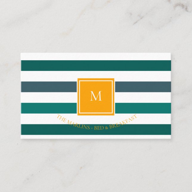 Elegant Teal White Stripe Monogram Visitkort (Framsida)