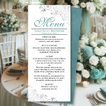 Elegant Teal with Silver Swirls on White Bröllop Meny<br><div class="desc">Den här vackra menyn kommer att lägga lite stil till ditt bröllopsmottagande. Den har en vacker utformning med ornerade silver grått-faux-folier och snurrar på en klassisk vit bakgrund, med teal- eller turkospliktig färgad och en marmorerad baksida. Det finns utrymme för namn från paret och bröllop, och texten är helt anpassade....</div>
