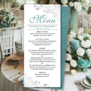 Elegant Teal with Silver Swirls on White Bröllop Meny