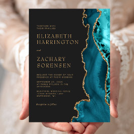 Elegant Tealblå Agat Guld Bröllop Inbjudningar
