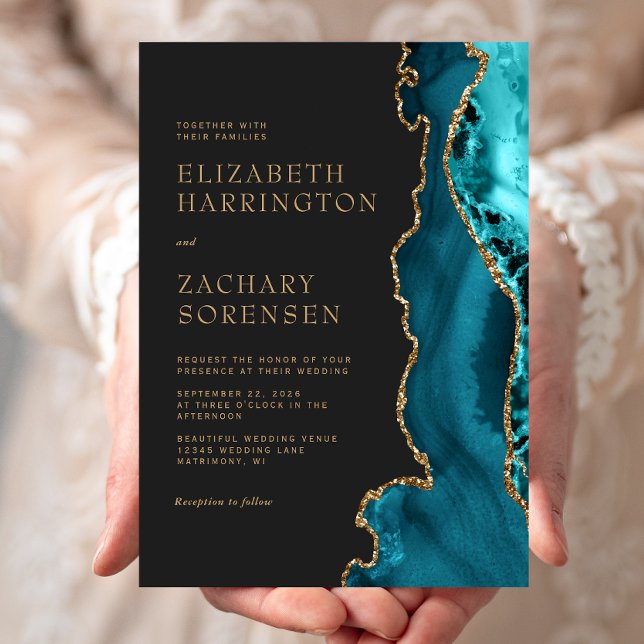Elegant Tealblå Agat Guld Bröllop Inbjudningar (Skapare uppladdad)