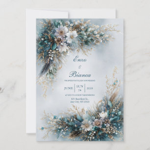 Elegant Tealblå Blommig Guld Fjäder Bröllop Inbjudningar
