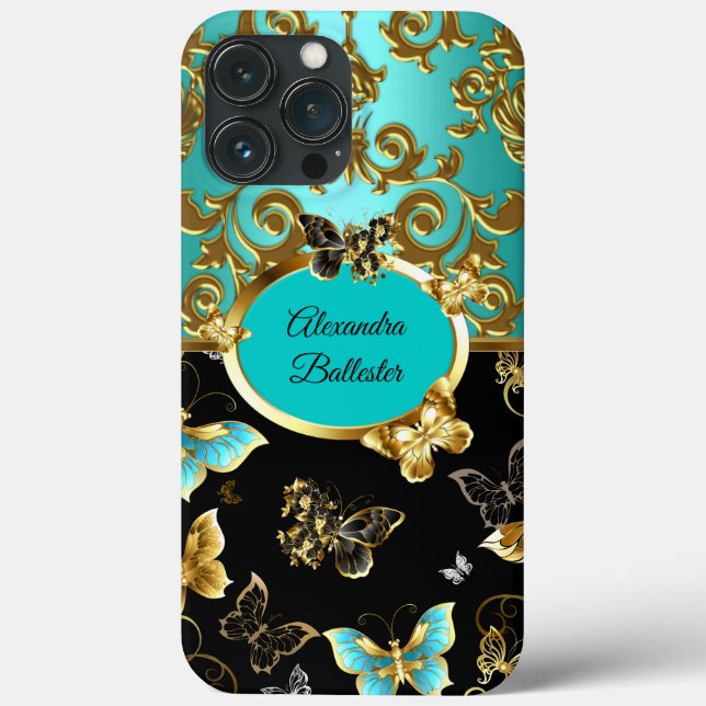 Elegant Tealblå Damask Blommig Fjäril Guld (Baksida)