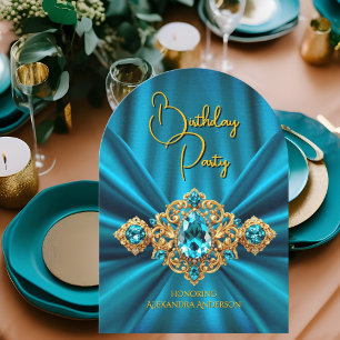 Elegant Tealblå Födelsedag Guld Juwel Falsk Silke Inbjudningar