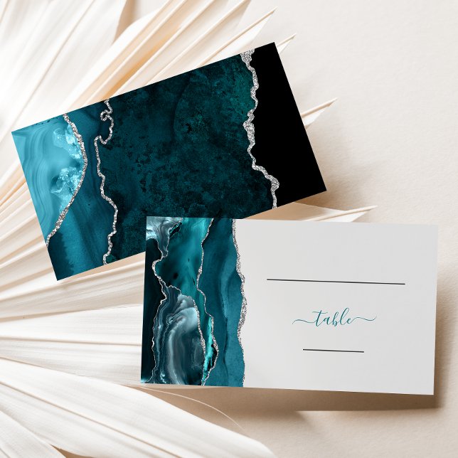 Elegant Tealblå Silver Akagatgrå Bröllopscard Placeringskort (Skapare uppladdad)