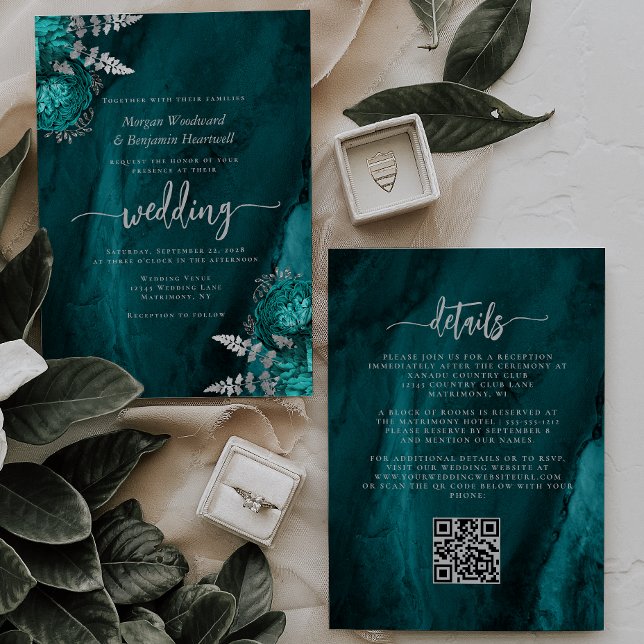 Elegant Tealblå Silver Blommig QR-kod Bröllop Inbjudningar (Skapare uppladdad)