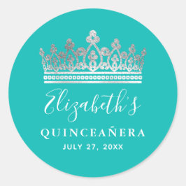 Elegant Tealblå Silver Kron Quinceanera Namn Runt Klistermärke