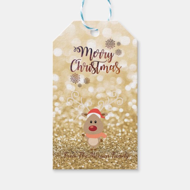 Elegant, Tecknad rener,Glittery Bokeh Presentetikett (Framsidan)