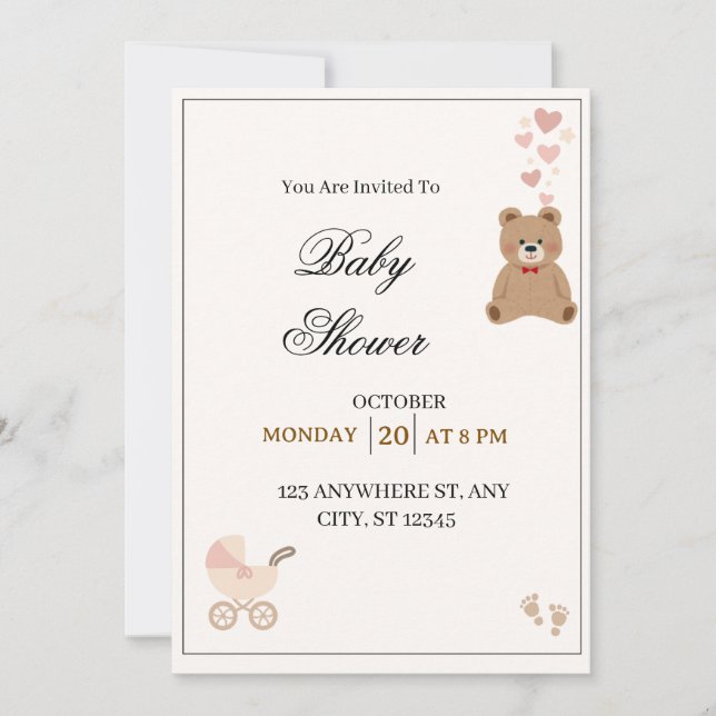 Elegant Teddy Bear Baby Shower Inbjudan  (Framsida)