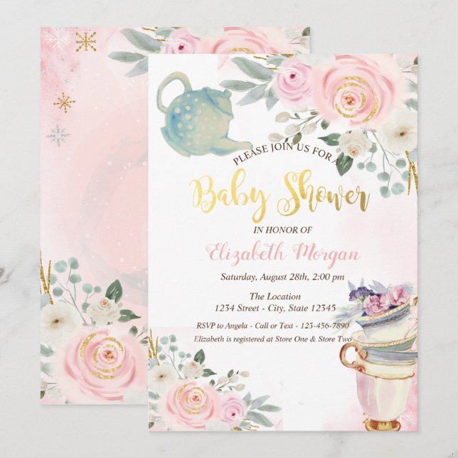Elegant tekanna Tekoppar Rosa blommor Baby Shower  Inbjudningar (Fram/baksida)