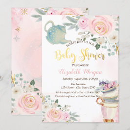 Elegant tekanna Tekoppar Rosa blommor Baby Shower Inbjudningar