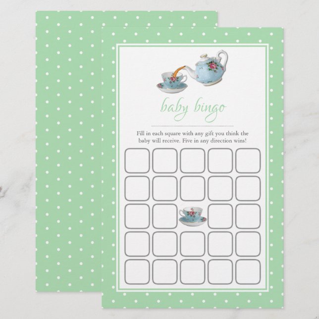 Elegant Tekopp Baby Shower Tea Party Bingo (Fram/baksida)