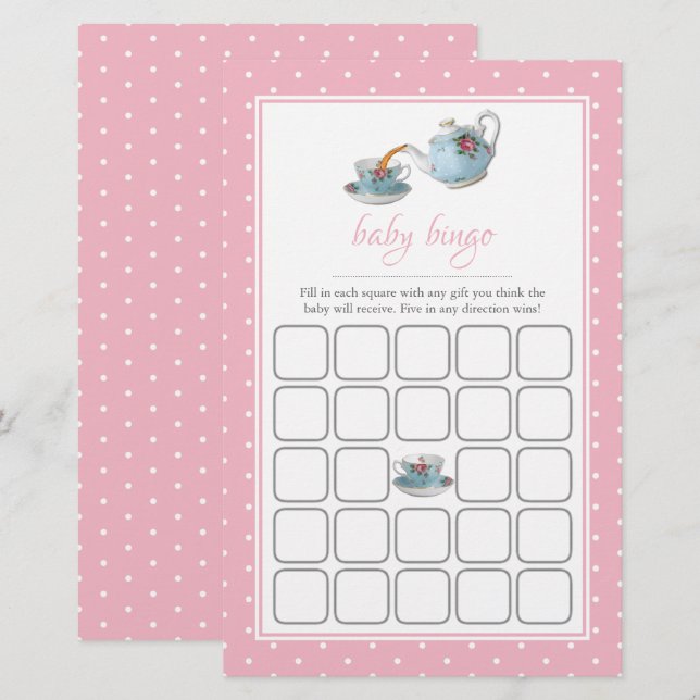 Elegant Tekopp Baby Shower Tea Party Bingo (Fram/baksida)