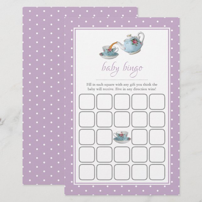Elegant Tekopp Baby Shower Tea Party Bingo (Fram/baksida)