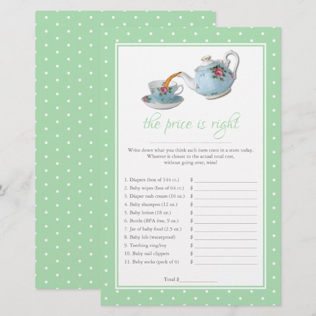 Elegant Tekopp Baby Shower Tea Party Game (Fram/baksida)