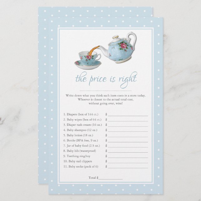 Elegant Tekopp Baby Shower Tea Party Game (Fram/baksida)