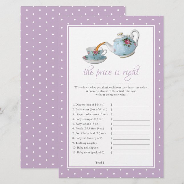Elegant Tekopp Baby Shower Tea Party Game (Fram/baksida)