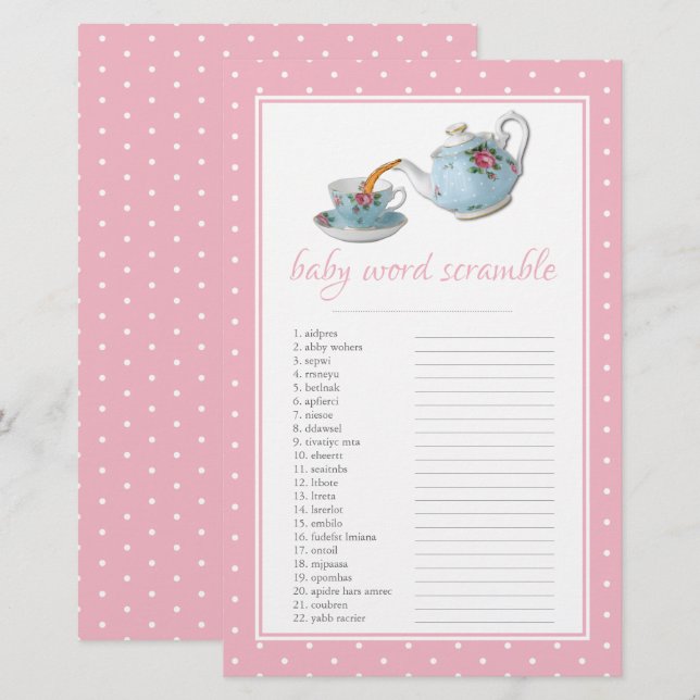 Elegant Tekopp Baby Shower Tea Party Ord Scrable (Fram/baksida)