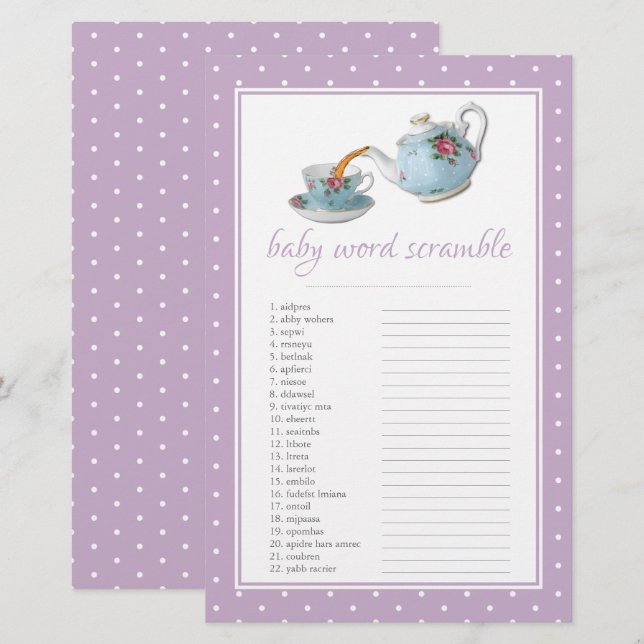 Elegant Tekopp Baby Shower Tea Party Ord Scrable (Fram/baksida)