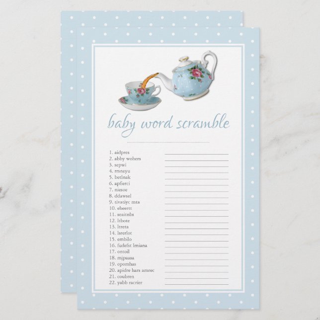 Elegant Tekopp Baby Shower Tea Party Ord Scrable (Fram/baksida)