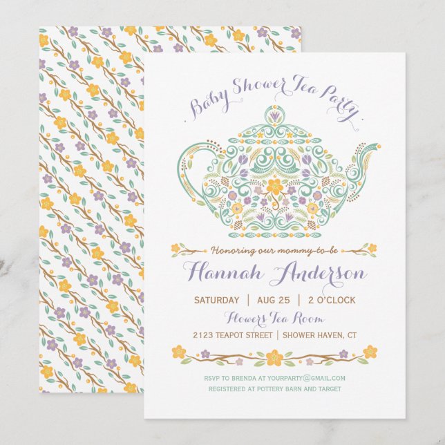 Elegant Tekväll Baby Shower - Tekanna Inbjudningar (Fram/baksida)