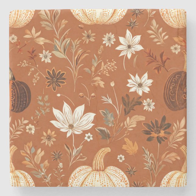 Elegant Terra Cota Pumpkin Autumn Blommönster Stenunderlägg (Framsidan)