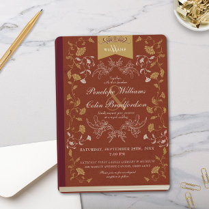 Elegant Terra Cotta Guld Blommigt Bok Cover Bröllo Inbjudningar