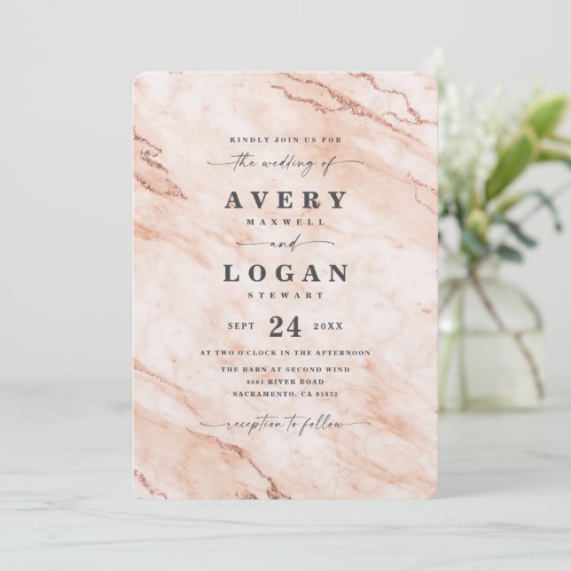 Elegant Terra Cotta Metallic Marble Bröllop Inbjudningar (Stående Fram)