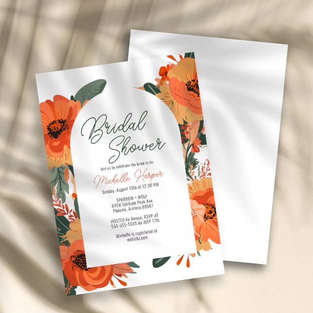 Elegant Terracotta Blommigt Inbjudningskort för mö (Bridal shower invitation card with terracotta and orange floral design on a white background.)