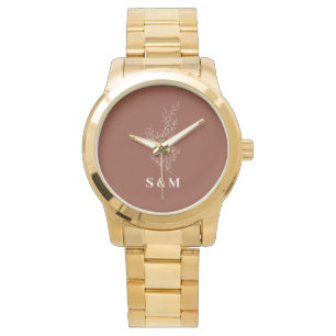 Elegant Terracotta Blommigt Newlyweds Monogram Armbandsur